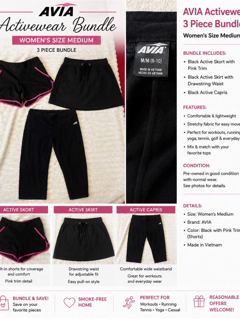 Avia Black Shorts & Skort Set with Pink Trim
